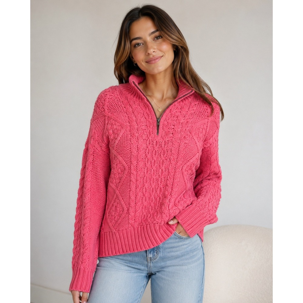 Lucky Brand Quarter Zip Sweater M Pink Cable Knit Chunky Mock Neck Pullover